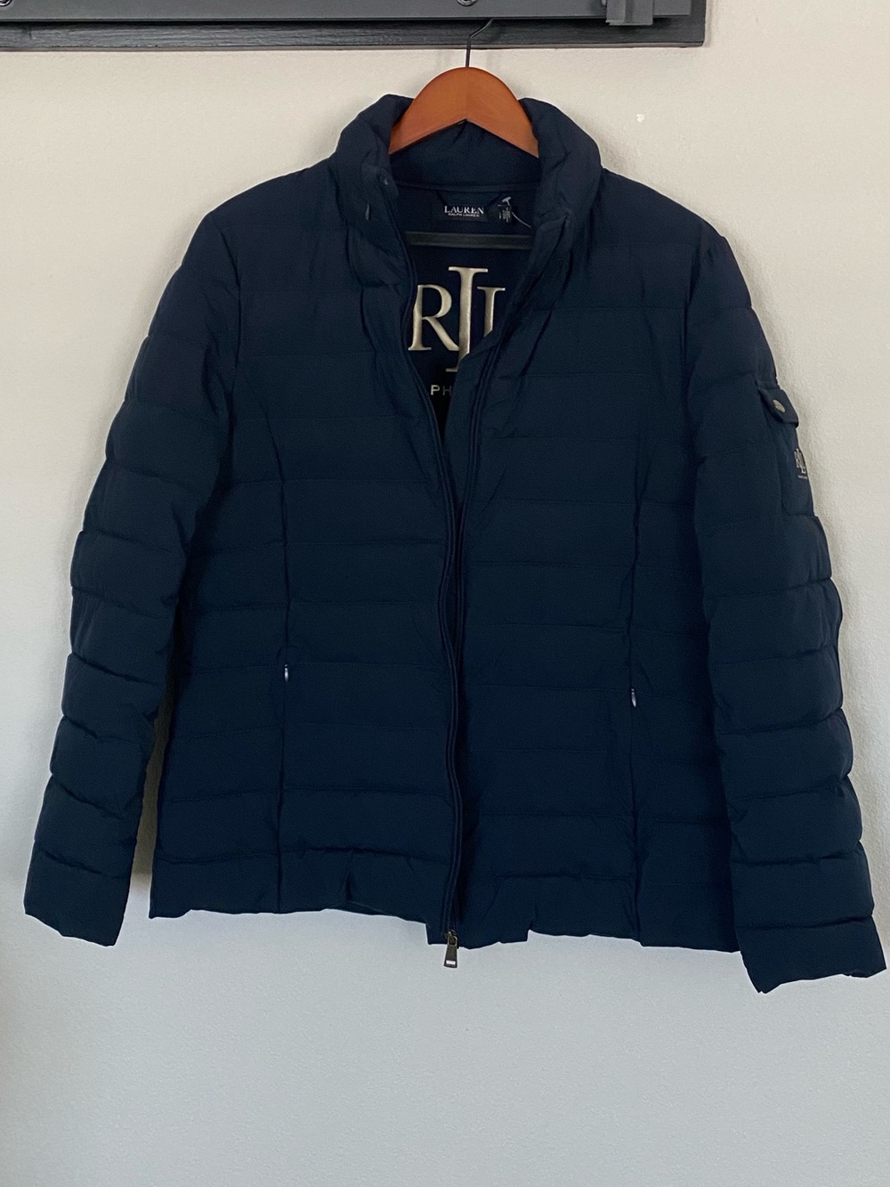 Ralph Lauren Quilted Package Puffer Jacket with hidden hoodie, Sz L